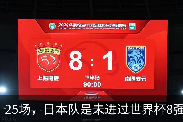 25场，日本队是未进过世界杯8强的球队里参赛场次最多的